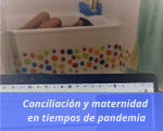 Rodrigo en la bañera mientras yo teletrabajo con el portátil. Maternidad y conciliación