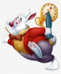 Coneo blanco de licia en el paçisde las maravillas corriendo con el reloj.El tema es llegar puntuales a clase