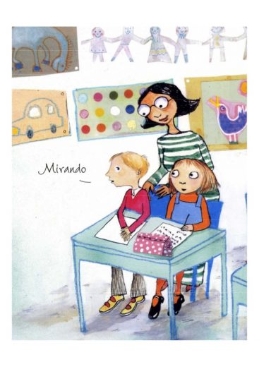Dibujo de un niño y una niña en un pupitre con la profesora supervisando detrás. Es el protagonista del cuento, Louis